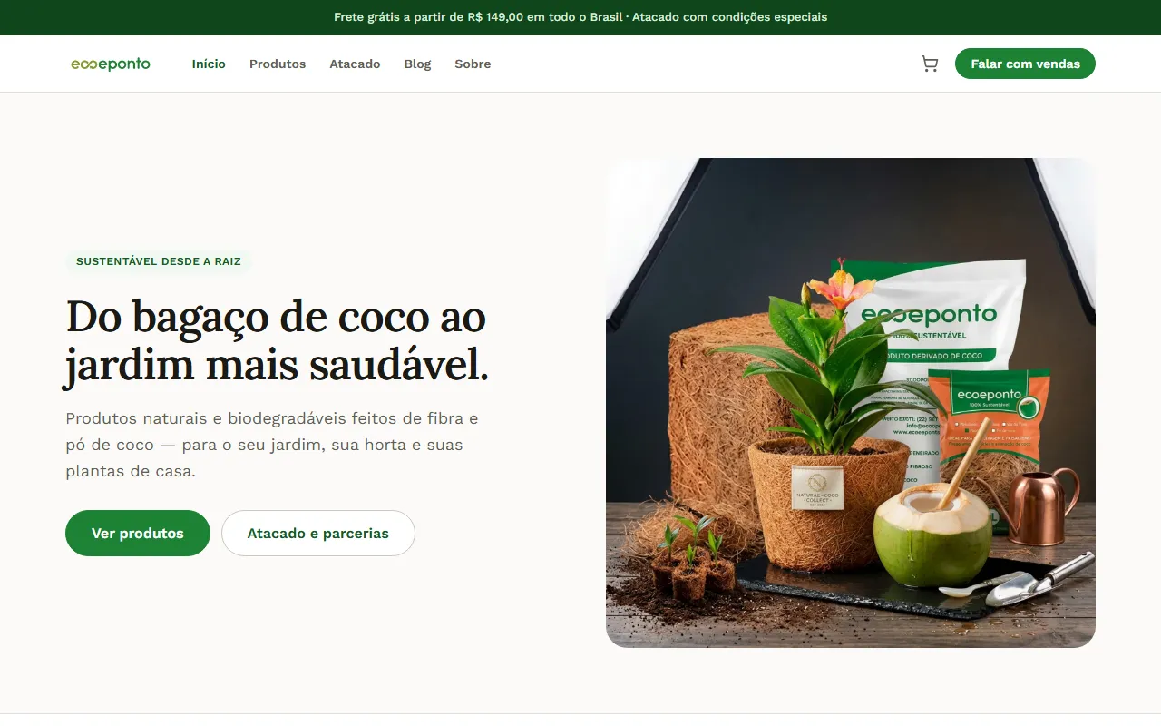Página inicial da demo Verdana Coco: vitrine de produtos sustentáveis feitos de coco